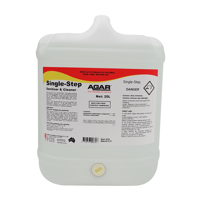 White container of Single-Step Sanitizer & Cleaner with a red and yellow label on a white background