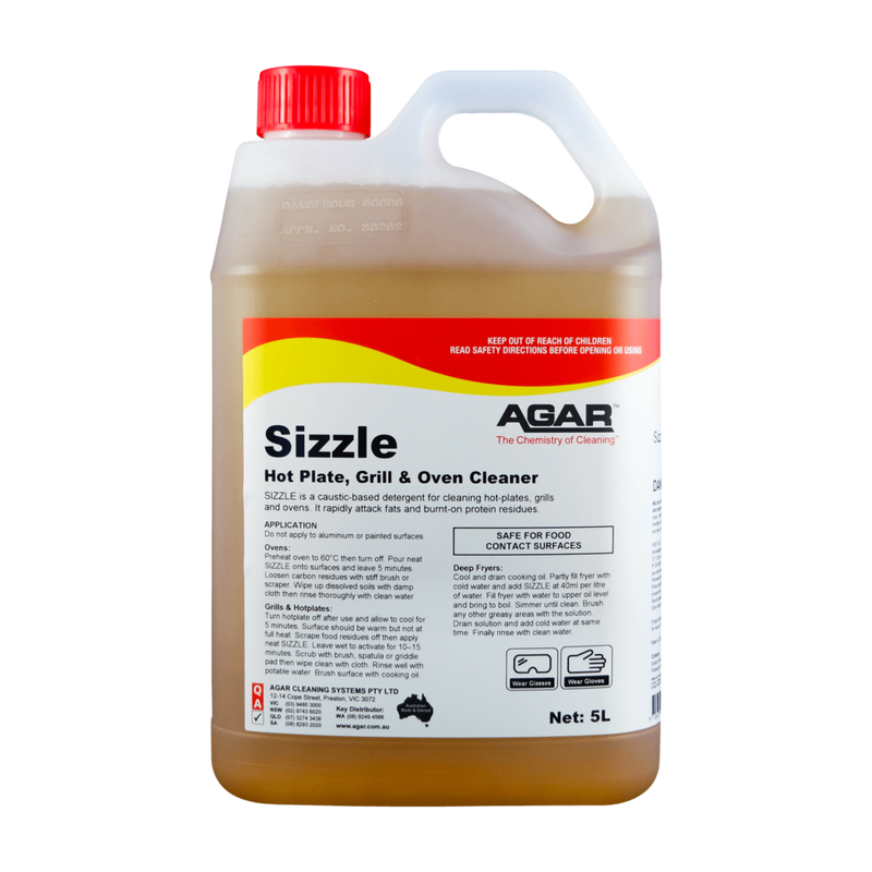 Squeeze bottle of Sizzle hot plate, grill, and oven cleaner by Agar on a white background