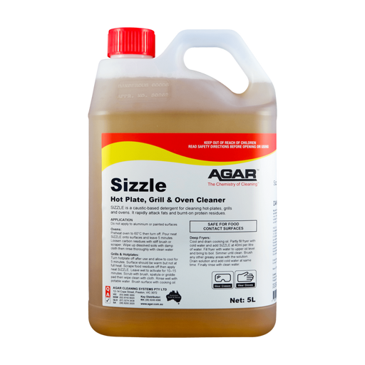 Squeeze bottle of Sizzle hot plate, grill, and oven cleaner by Agar on a white background