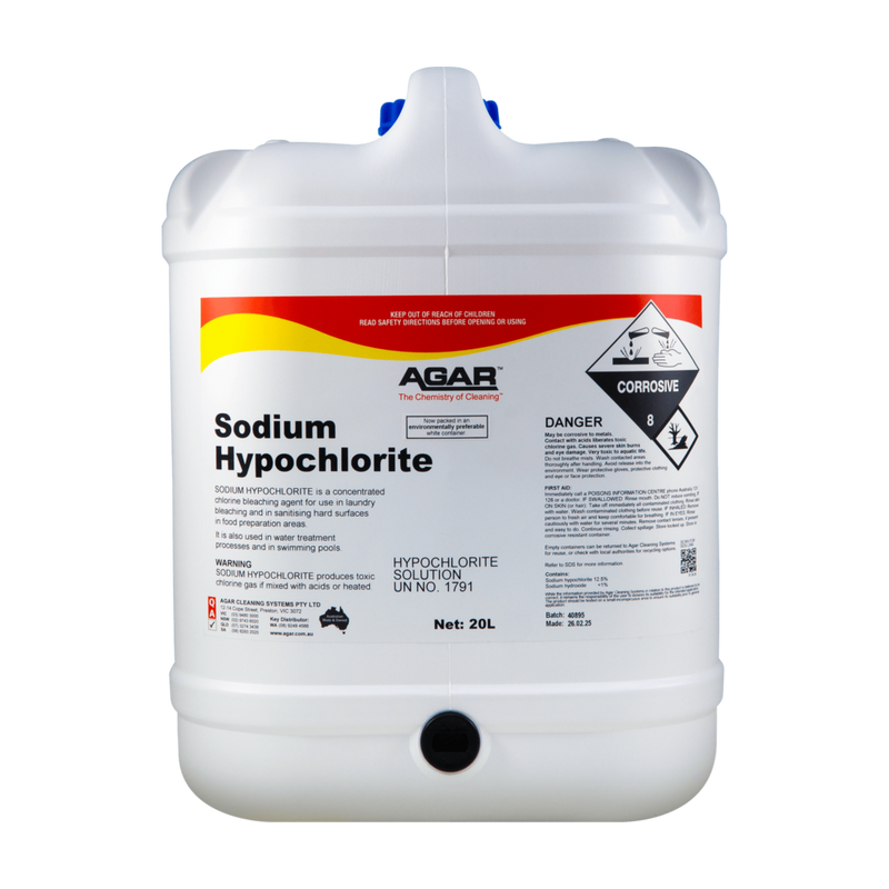 White container of Sodium Hypochlorite with Agar branding on a white background