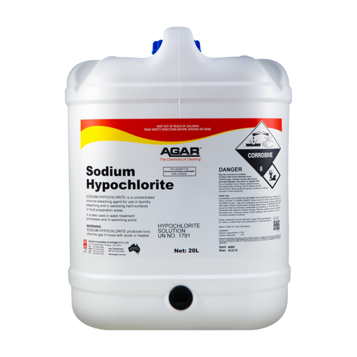 White container of Sodium Hypochlorite with Agar branding on a white background
