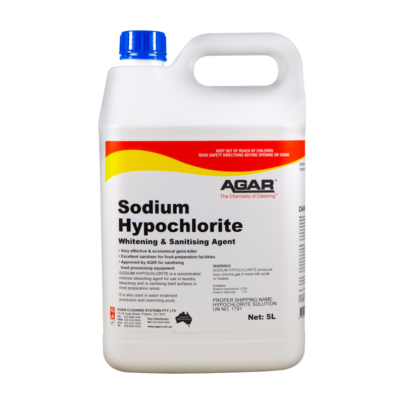 5-liter bottle of Sodium Hypochlorite with Agar branding on a white background
