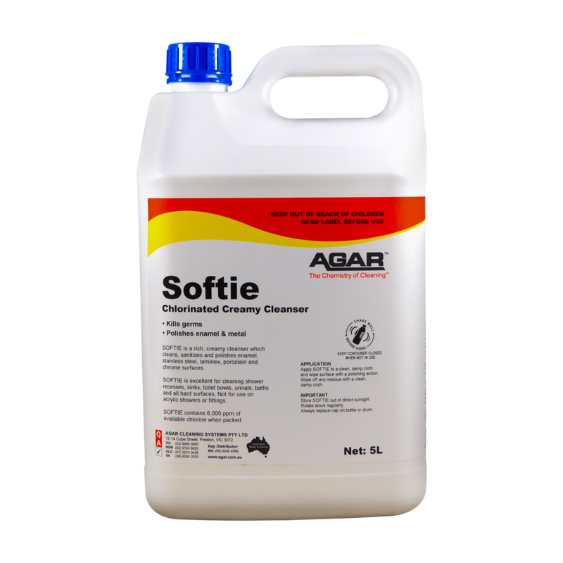 5L container of Softie chlorinated creamy cleanser by Agab on a white background