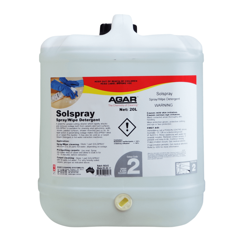 Large container of Solspray detergent with Agar branding on a white background