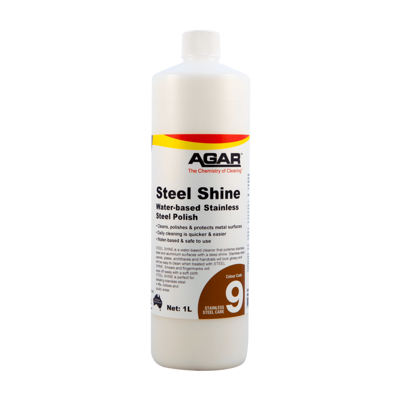 Bottle of Agar Steel Shine stainless steel polish on a white background