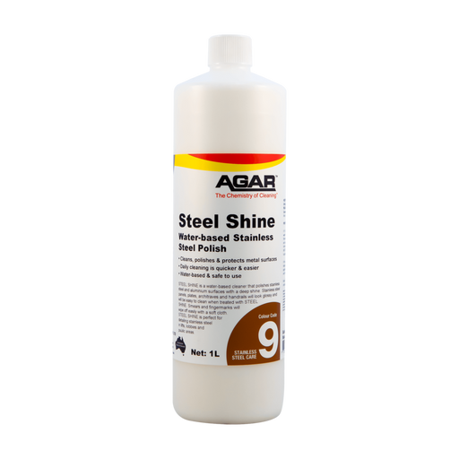 Bottle of Agar Steel Shine stainless steel polish on a white background