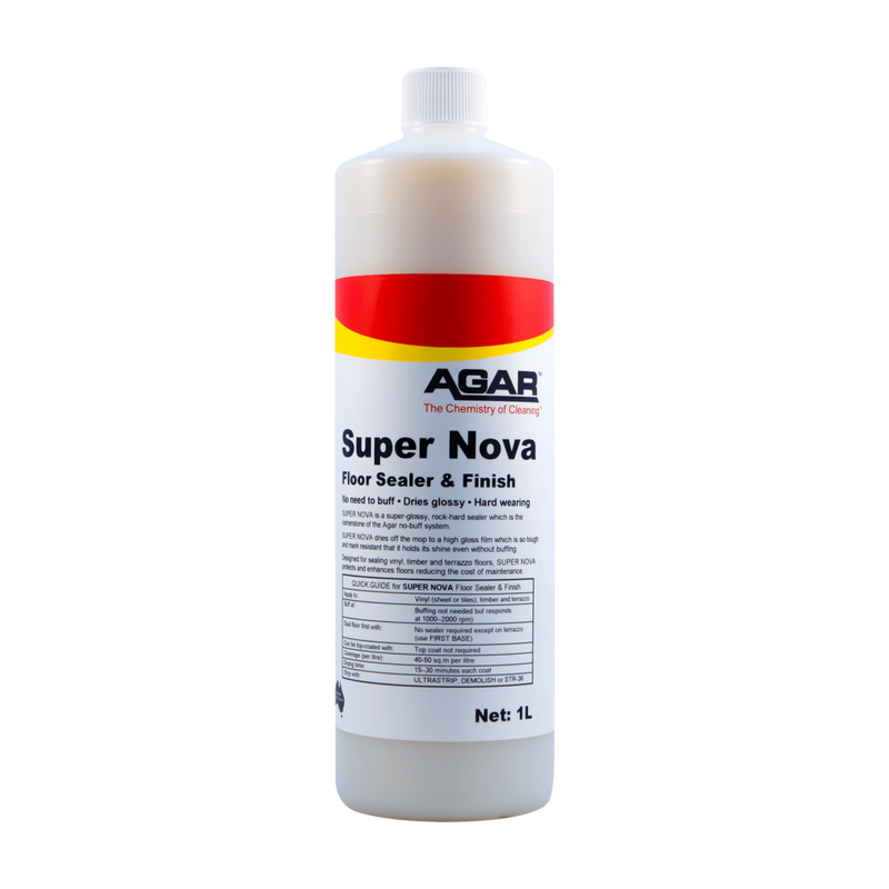 Bottle of Agar Super Nova floor sealer and finish on a white background