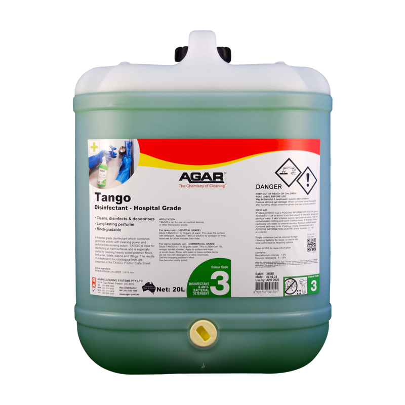 Green container of Agar Tango Disinfectant on a white background
