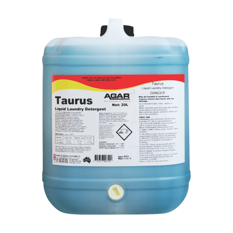 Taurus liquid laundry detergent container with label on a white background