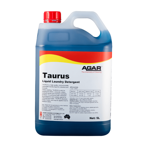 Blue and white container of Taurus liquid laundry detergent with red cap on a white background