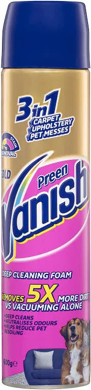 Vanish deep cleaning foam spray can with blue and gold design on a white background