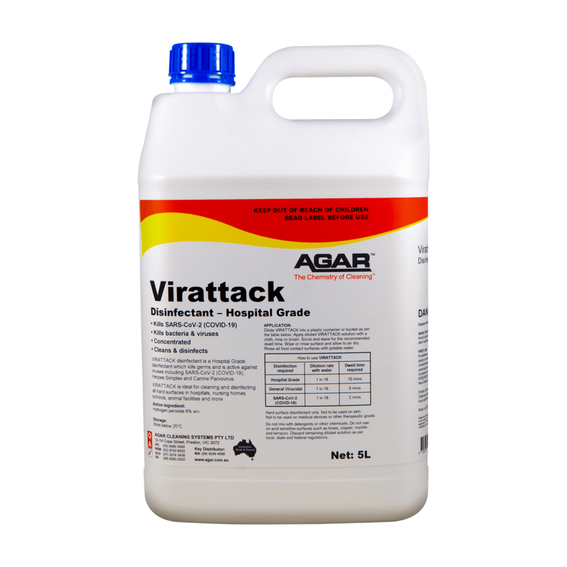 5L container of Virattack disinfectant with Agar branding on a white background