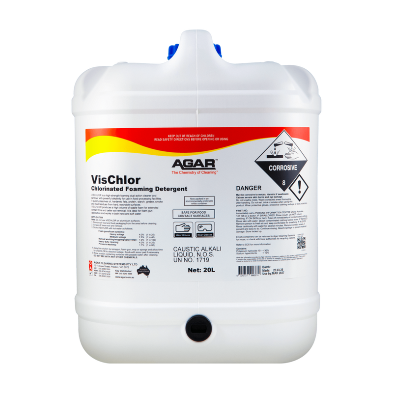 White container of VisChlor chlorinated foaming detergent with Agar branding on a white background