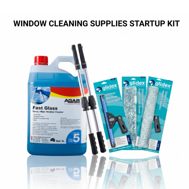 Window cleaning supplies startup kit: 300mm Window Squeegee
350mm T-bar Window Washer
350mm Window Washer Replacement Sleeve
Glidex 2 Section Extension Pole 1200mm (4') - Min. 757mm (2' 6")
Agar Fast Glass