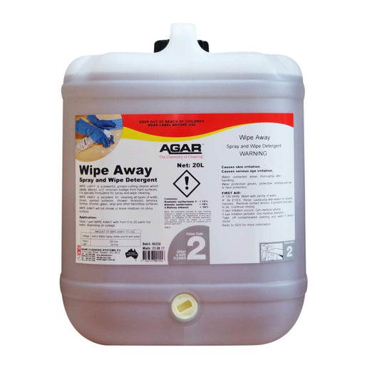 Large container of Agar Wipe Away detergent with label on a white background